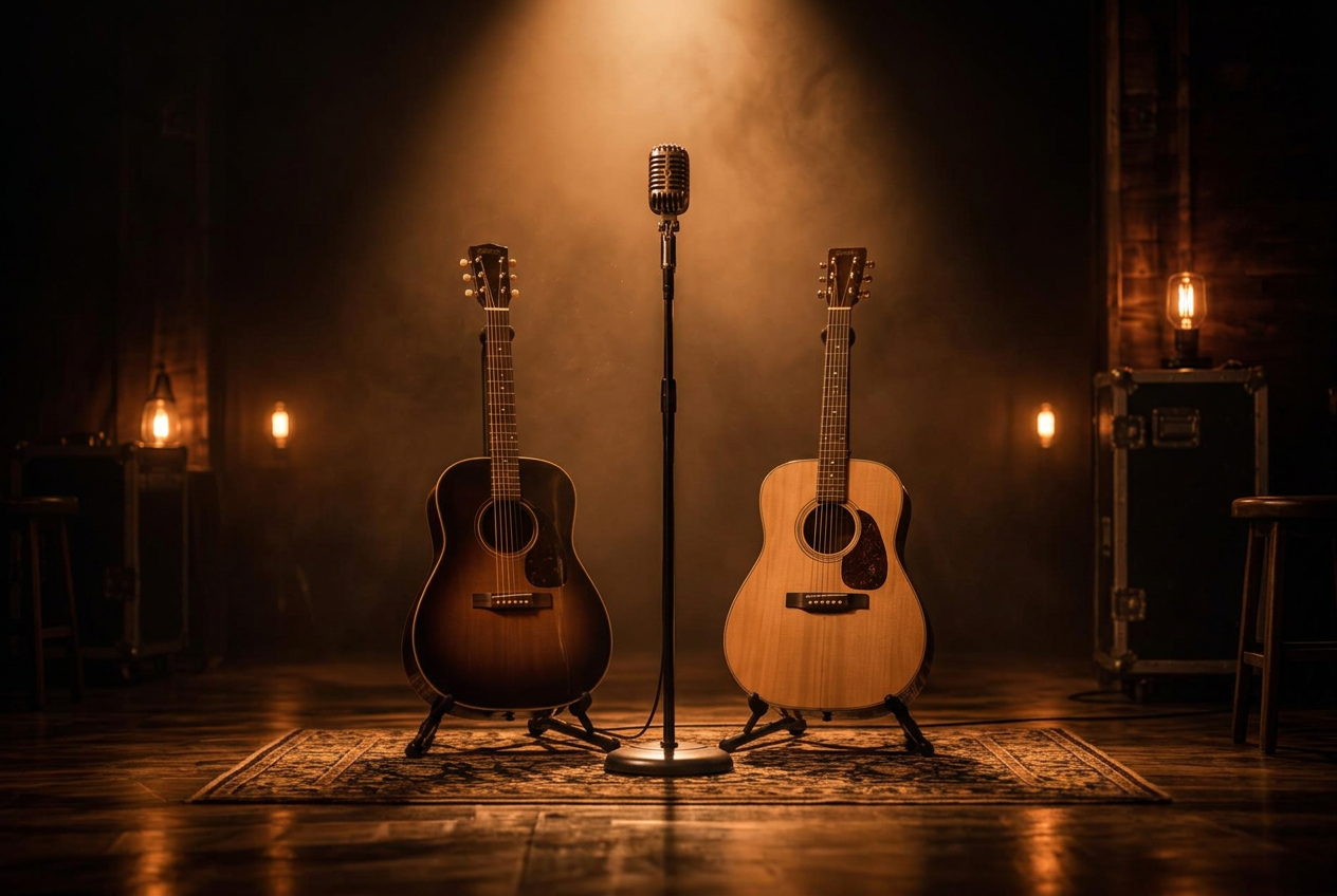 Dois violões acústicos e um microfone vintage em palco intimista com luz âmbar