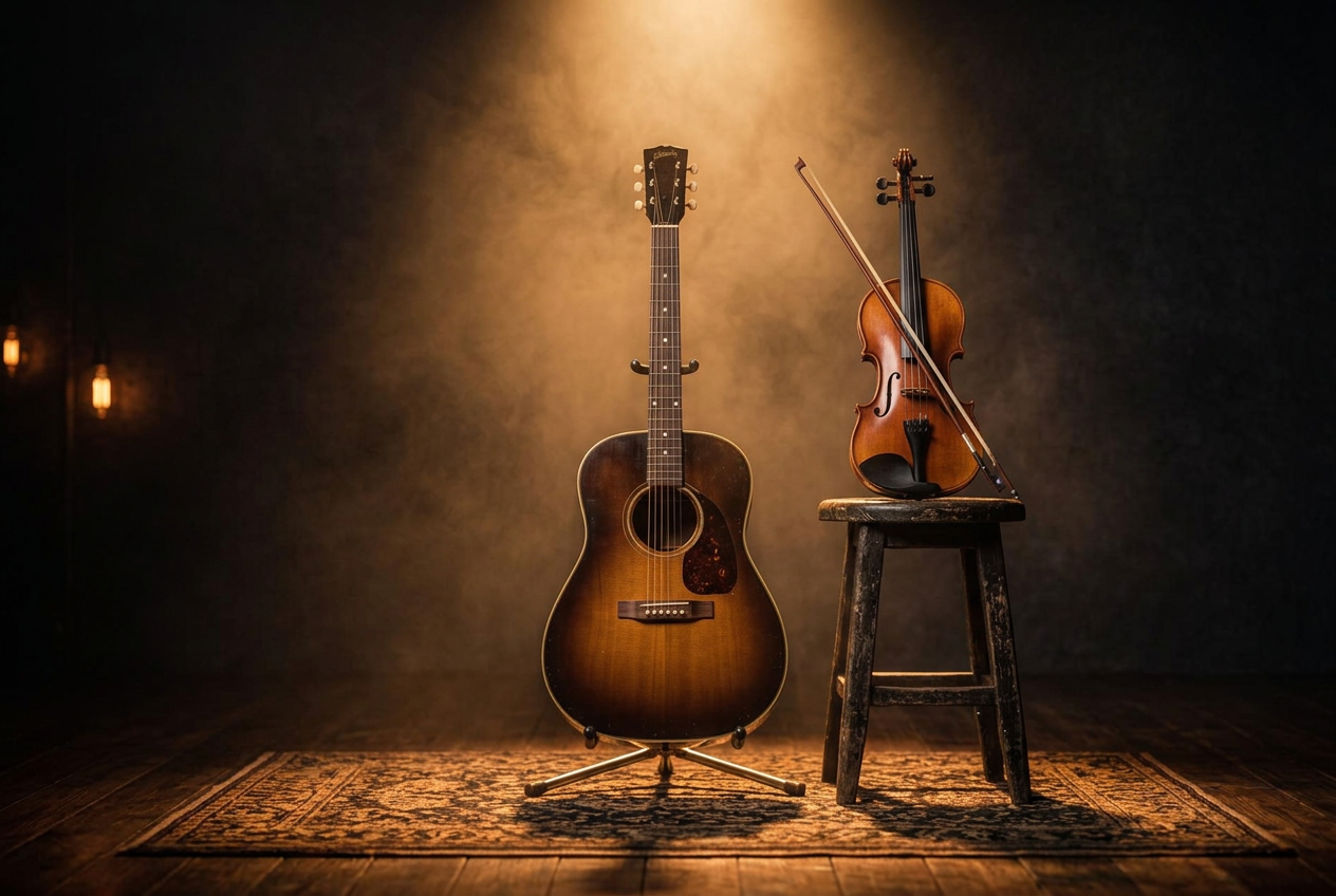 Violão acústico e violino clássico com arco sob iluminação quente